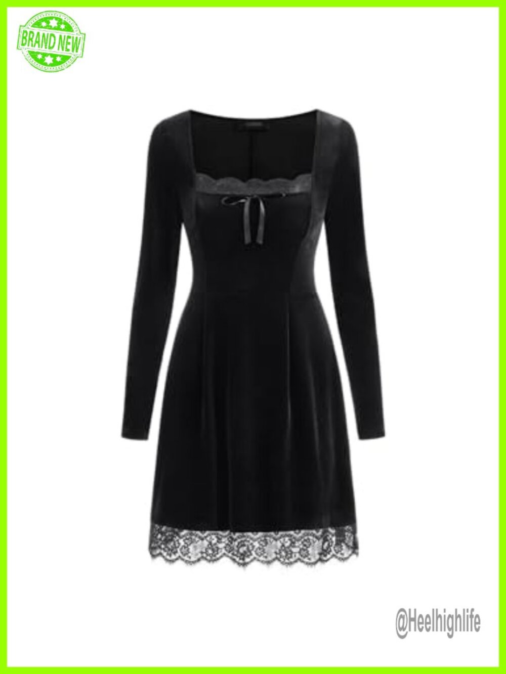 Velvet Long Sleeve Mini Dress Lace Trim Elegant Party Cocktail
